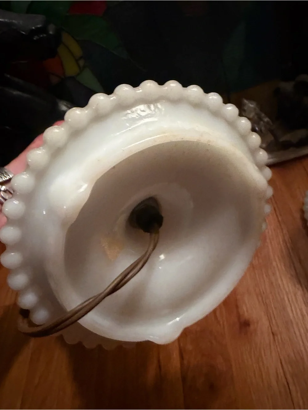 Vtg Pair Hobnail Milk Glass Raised Brass Floral Hurricane Electric Table Lamps